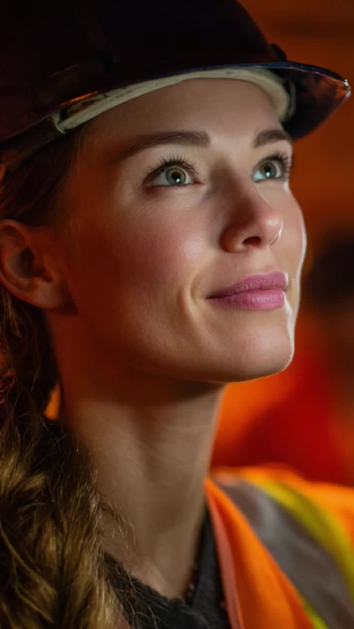 Radiant Worker Gazes Upward in Safety Gear, Captured in Two Frames of Focus and Determination, Emphasizing Professional Commitment and Awareness