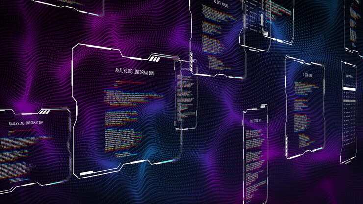 Animation of purple and blue network over interfaces processing data on black background