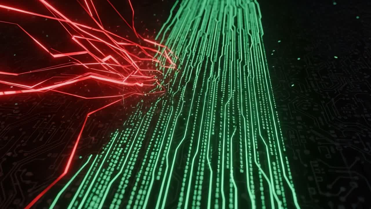 Dynamic Interaction of Red and Green Data Streams Representing Digital Energy Flow and Connection in a Futuristic Technological Landscape