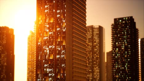 sunset aerial shot of skyscrapers of business centre