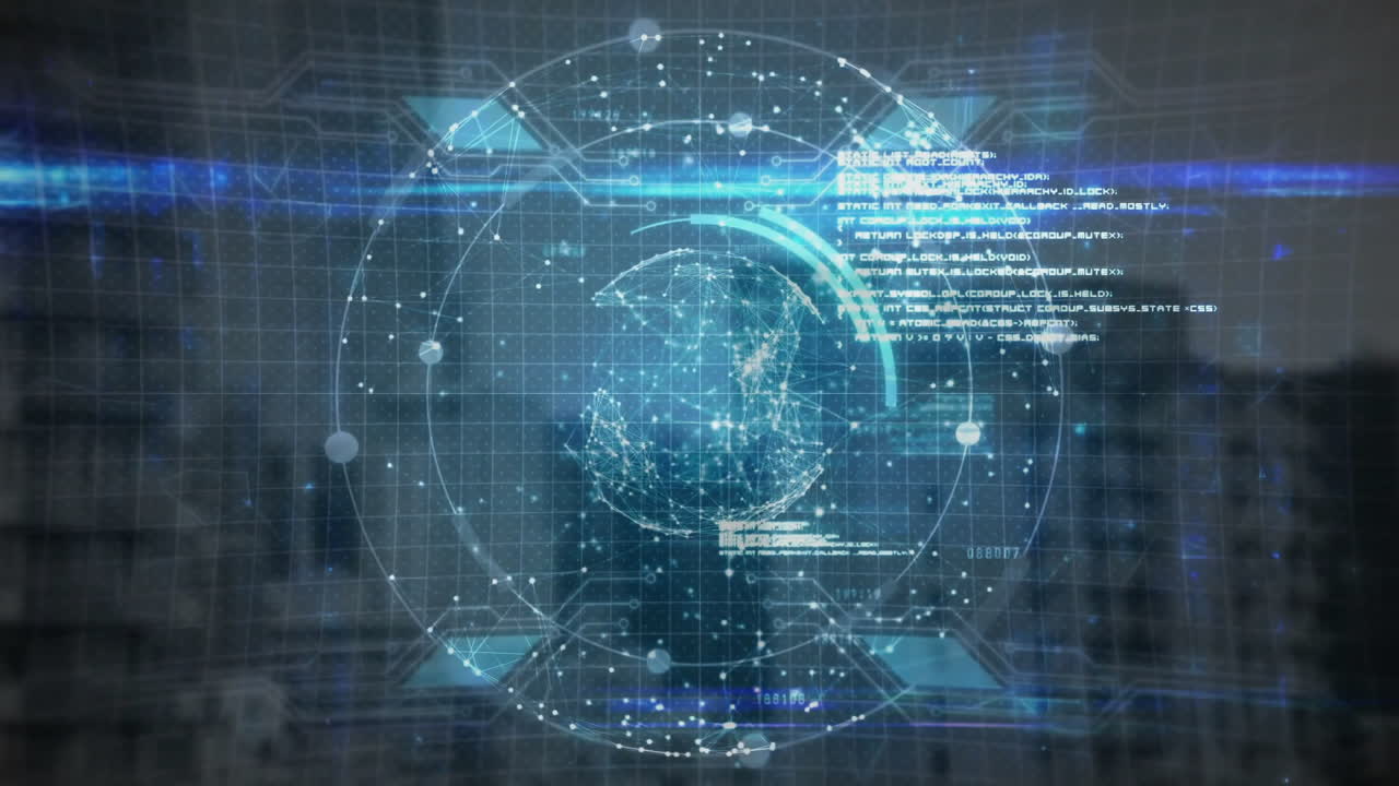 Digital globe surrounded by futuristic data and technology interface animation