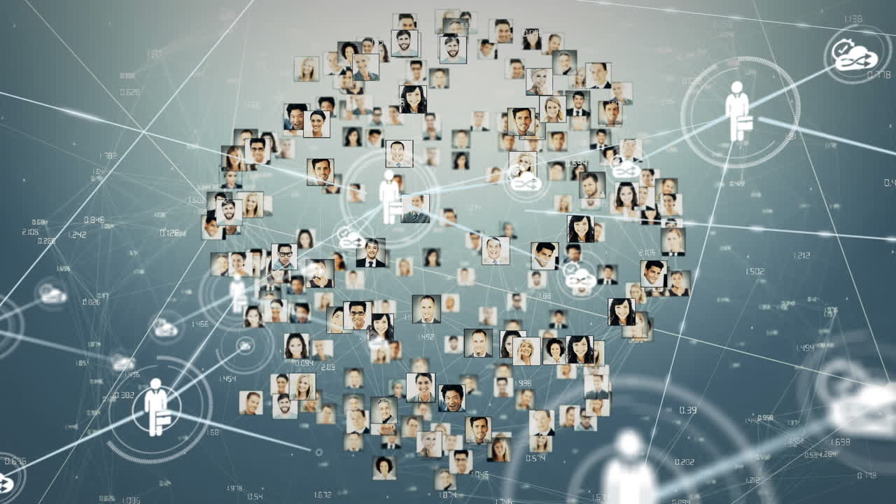 사용자 사진으로 만들어진 지구촌과 함께 파란색 배경에 아이콘으로 연결된 네트워크의 애니메이션