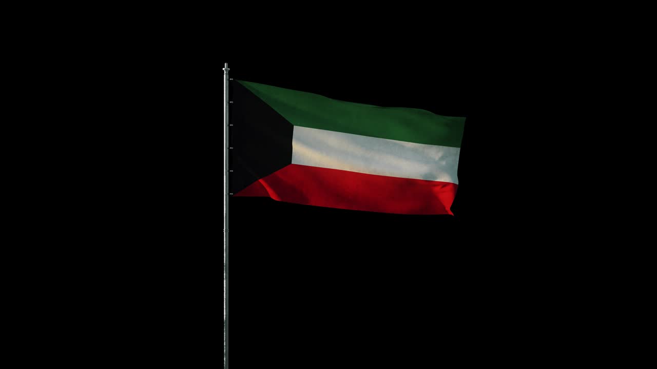 bandera de kuwait en el mástil de la bandera ondeando en el viento, animación 3d realista en bucle negro sin costuras, de 20 segundos de duración (el canal alfa está incluido)