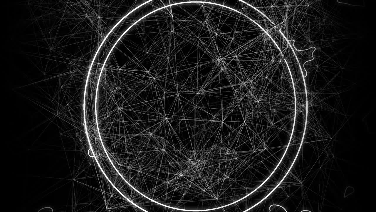 Animation of network of connections spinning over circle outlines on black background
