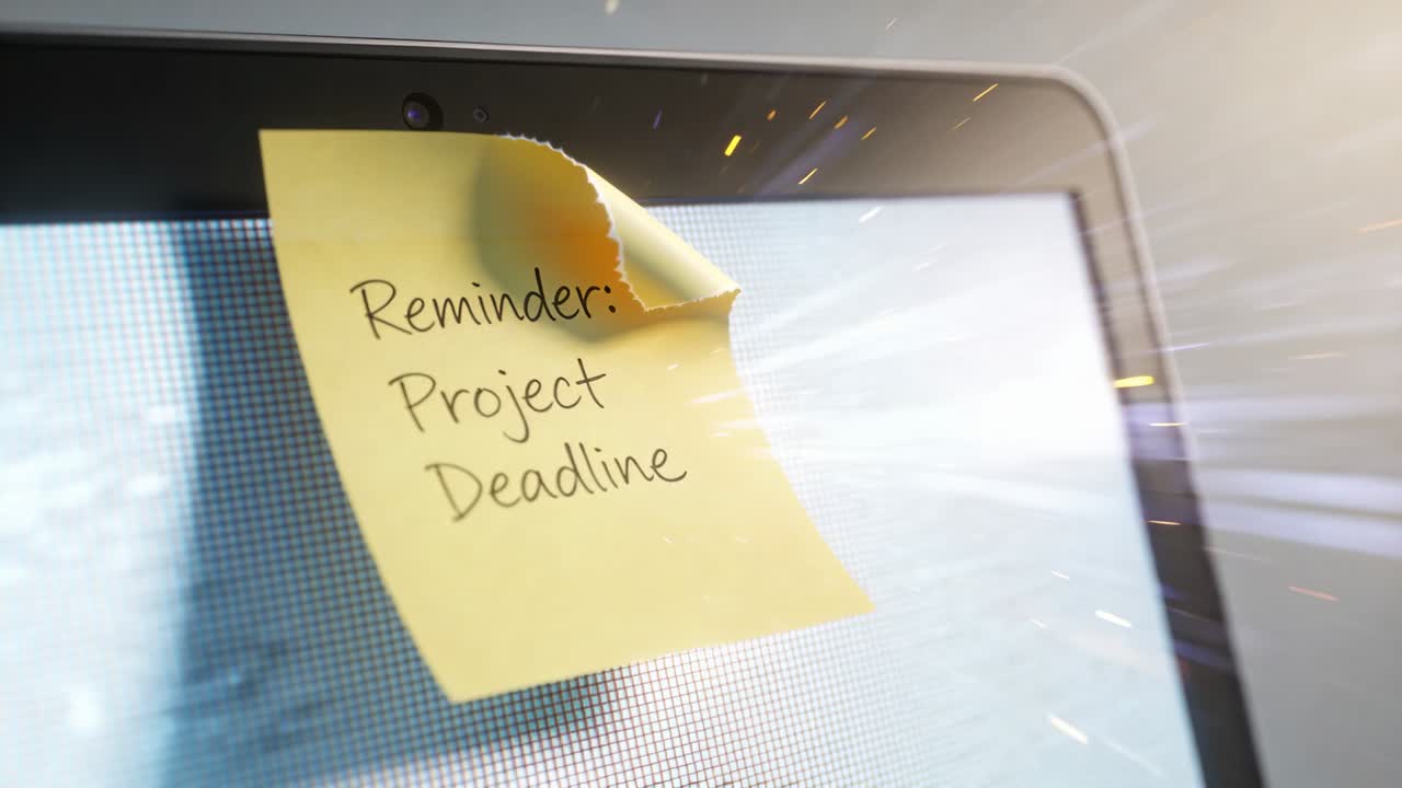 Post-it giallo arricciato promemoria scadenza progetto sulla cornice del laptop, luce intensa che lo fa sollevare.
