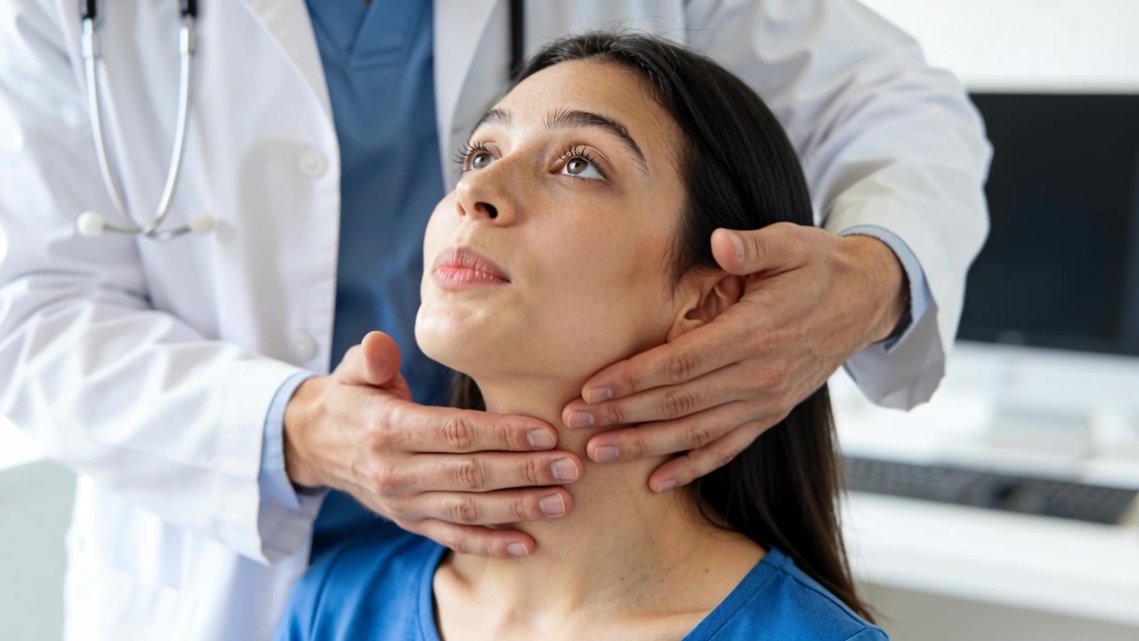 Clinico che palpa il collo del paziente in ambulatorio, inclinando la testa e deglutendo, controllando la tiroide