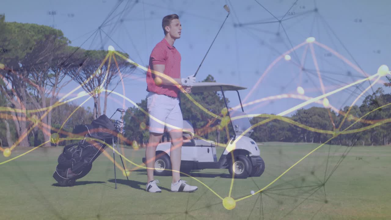 Golfer shifting to evaluate shot with animated flight path before swinging club to sink ball