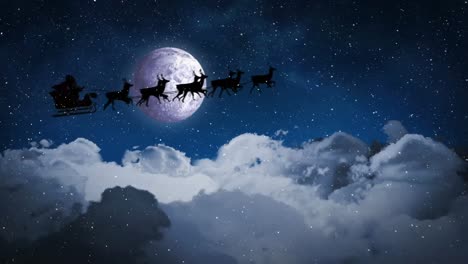 Animation-of-santa-claus-in-sleigh-with-reindeer-over-snow-falling-and-sky-with-moon