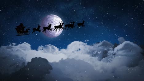 animation of santa claus in sleigh with reindeer over snow falling and sky with moon