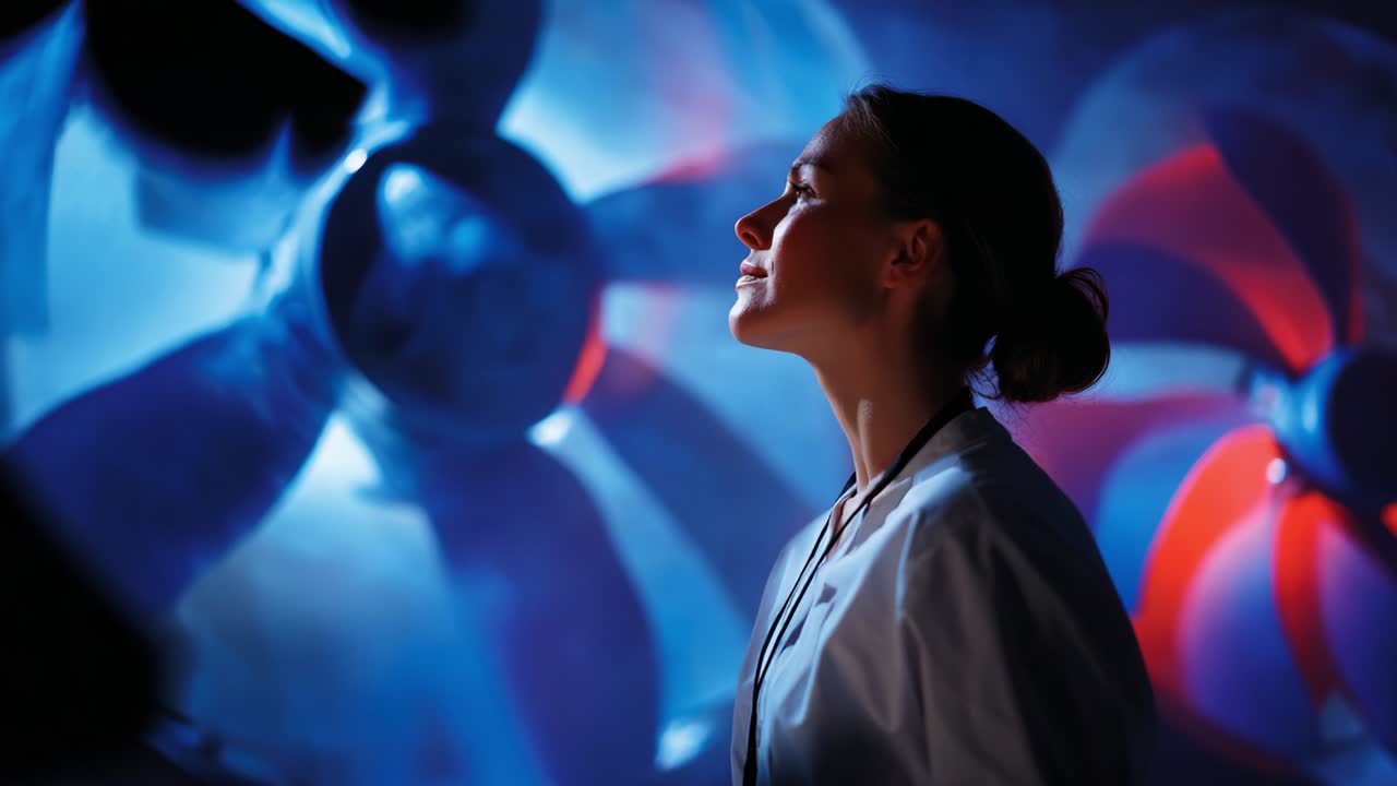 A Thoughtful Scientist Analyzing the Aerodynamics of Large Turbine Blades in a Wind Tunnel Environment, Capturing the Intricacies of Fluid Dynamics and the Power of Technology in Innovation and Research