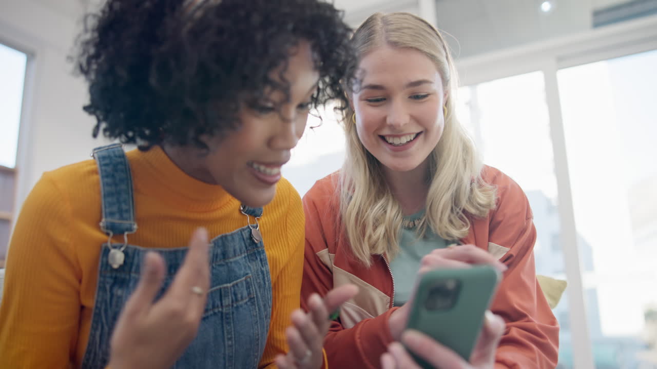 Phone, friends and surprise of women in home