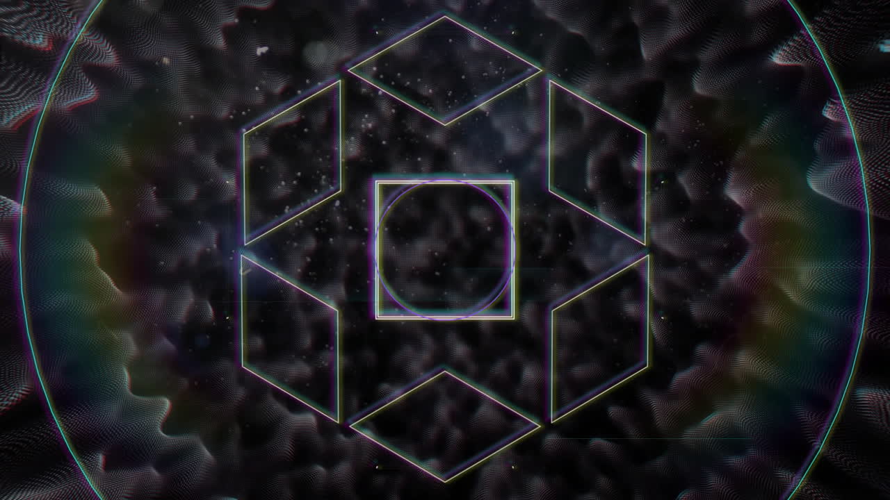 Central cluster of neon shapes floating against dark particle backdrop in flat design