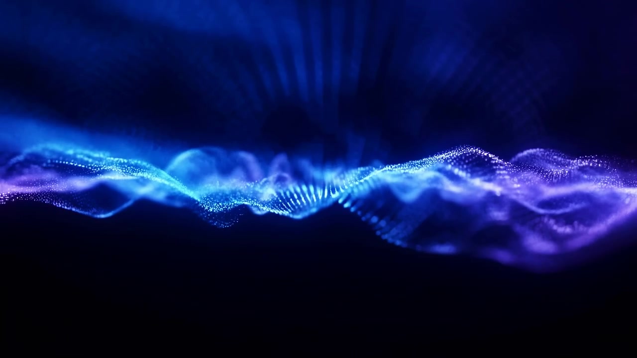 Undulating Blue Particle Wave Moves Gently Across Deep Black, Shimmering Dot Field Forms Dynamic Mesh