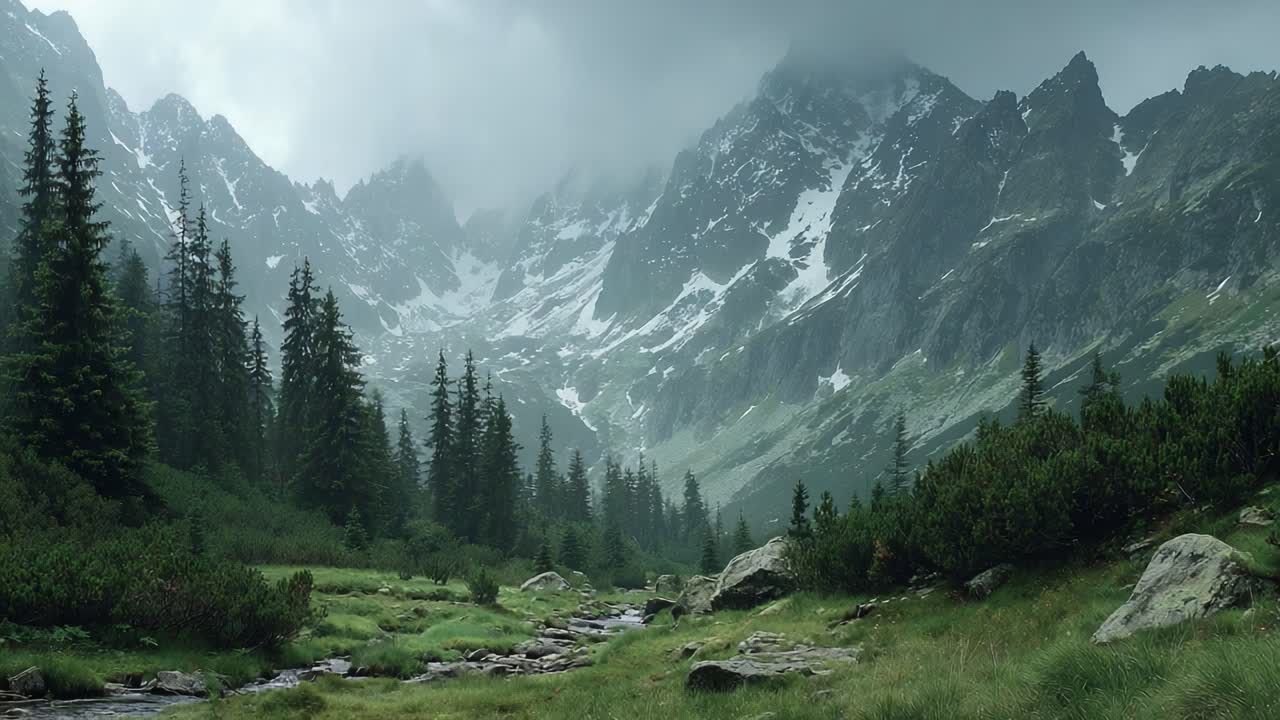 Un paesaggio montano sereno catturato in due fotogrammi, che mostra cime maestose, vegetazione lussureggiante e acque tranquille che scorrono attraverso la valle.