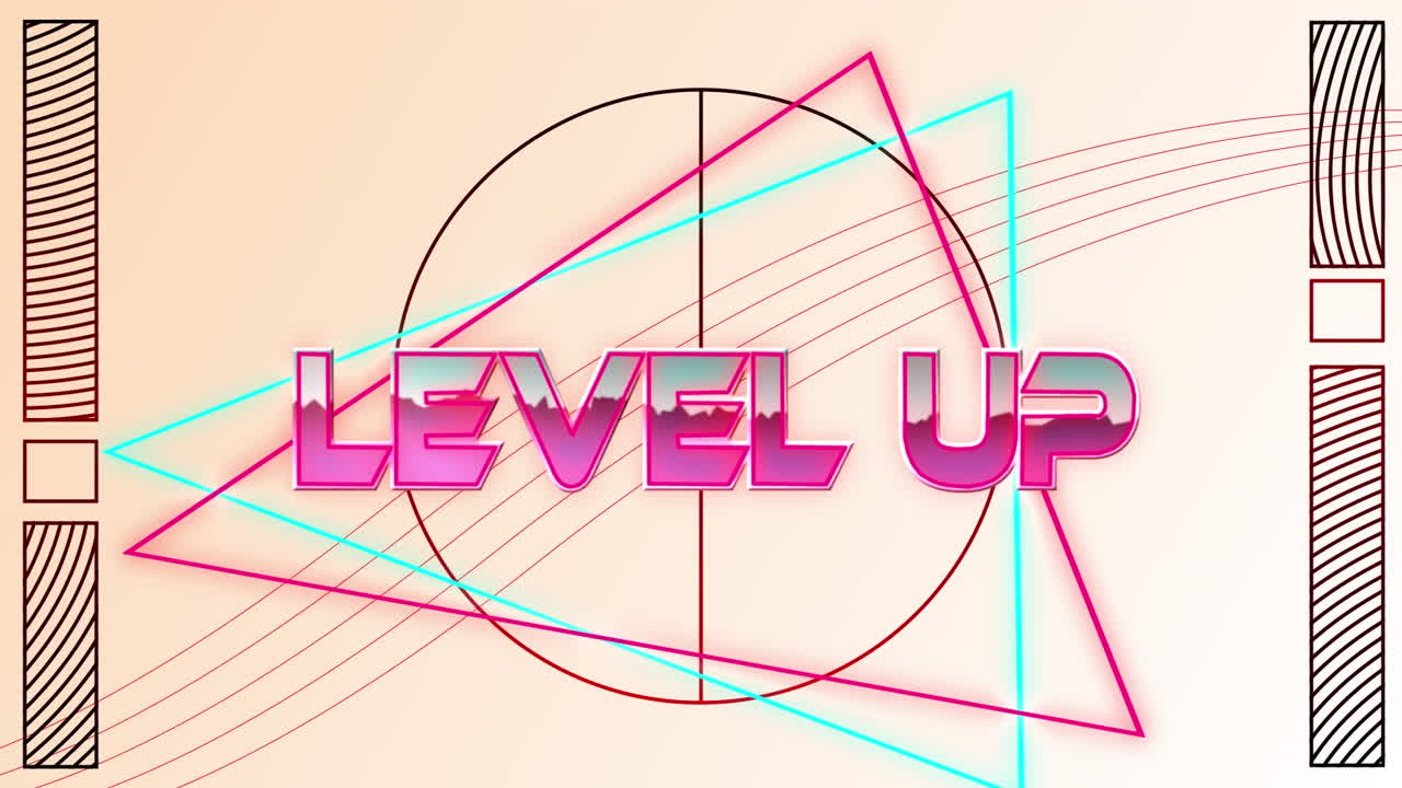 ⁇ 색 배경의 기하학적 모양 위에 레벨 업 텍스트의 애니메이션
