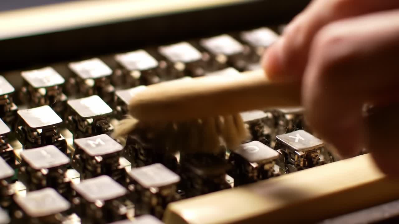 A Close-Up Look at the Intricate Details of a Vintage Typewriter Being Cleaned, Showcasing Its Beautiful Keys and Mechanical Design