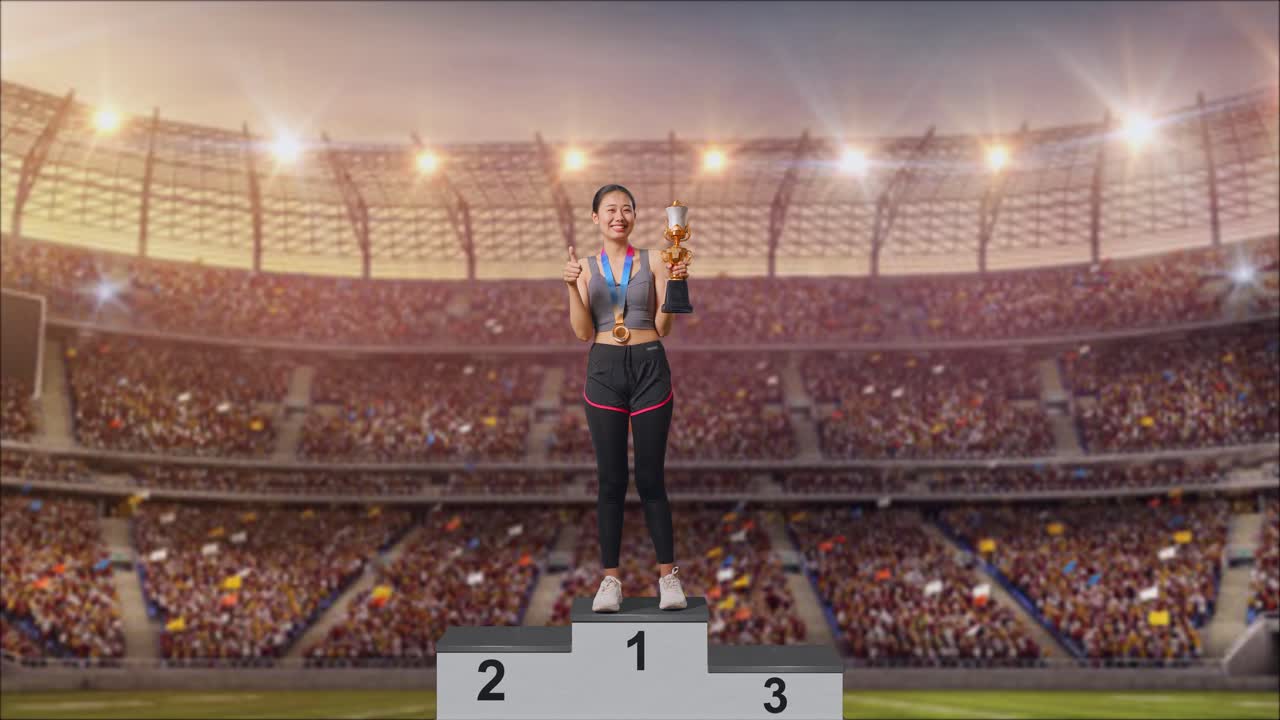 mujer ganadora en el podio en el estadio