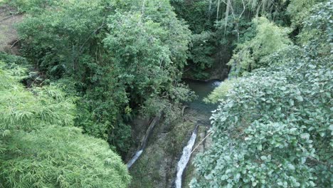 drone view of a cascading waterfall in slow motion between the trees of the caribbean forest of tobago