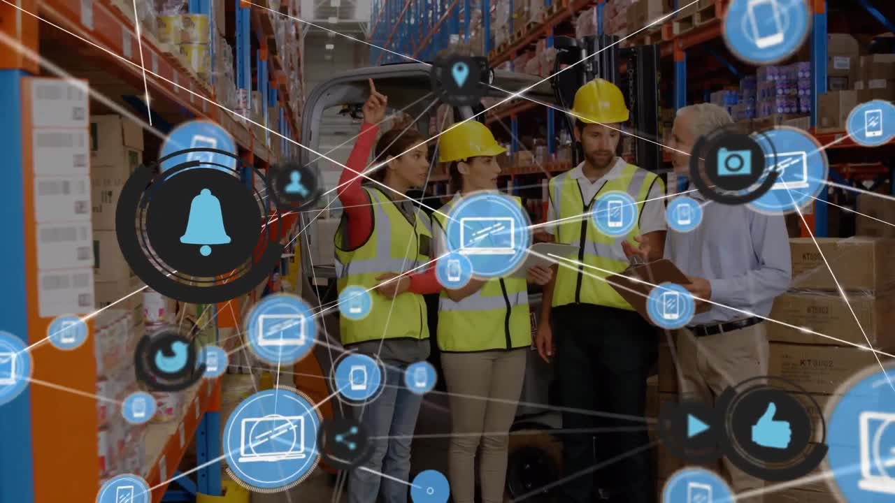 Animazione di rete di connessioni con icone su persone che lavorano in magazzino