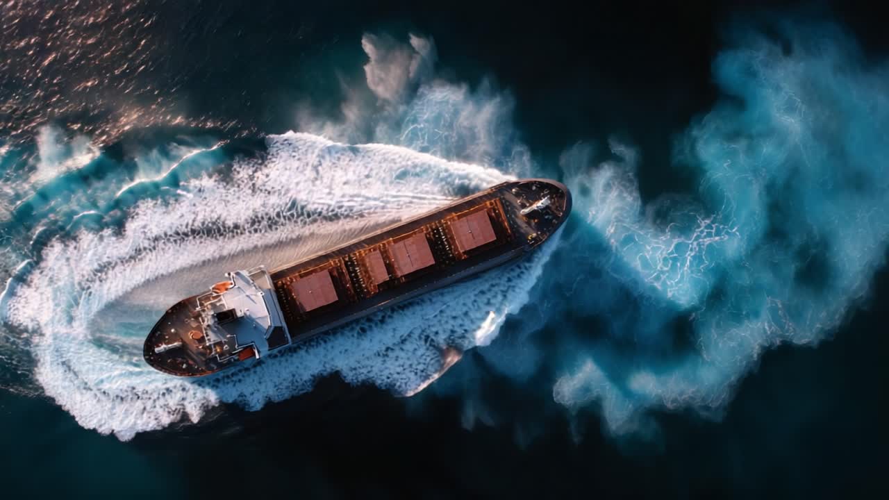 An Aerial View of a Container Ship Creating Dynamic Wake Patterns as It Maneuvers Through Clear Blue Waters, Showcasing Maritime Activity and Movement