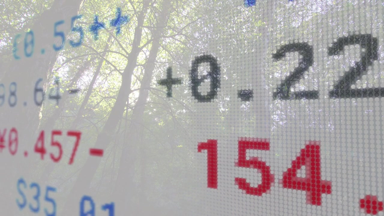On update digital ticker changing digits, reflecting trees, panning right, showing markets