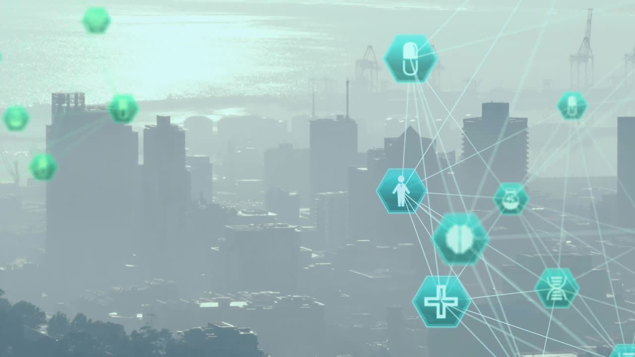 Teal hexagon network emerging from right, incoming icons spurring linking web showing health links