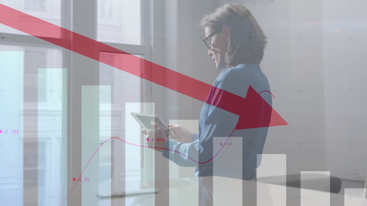 Businesswoman tapping tablet and swiping finance data, translucent bar chart showing metrics drop