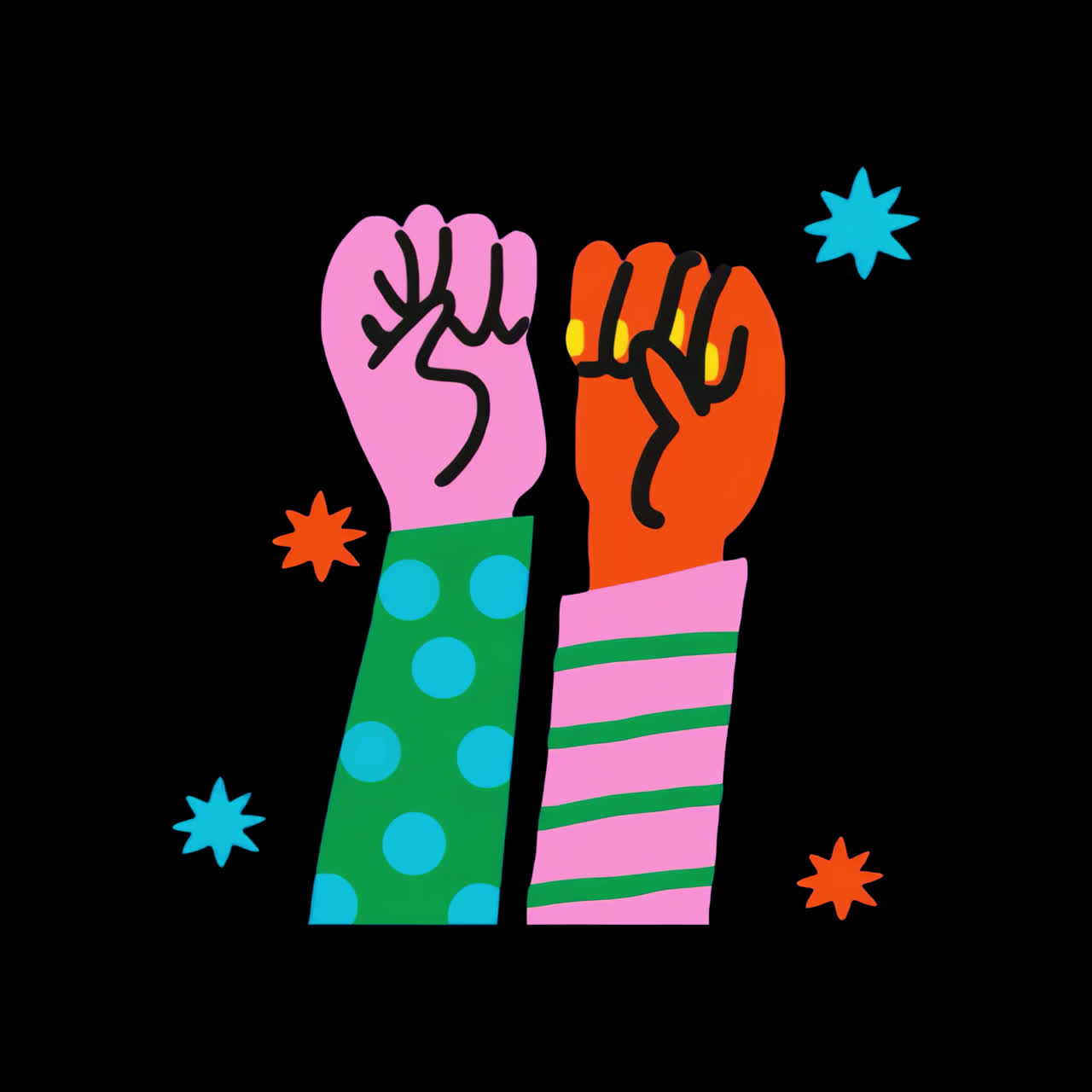 Colorful hands unity illustration animation isolated asset, transparent 4K video, alpha channel