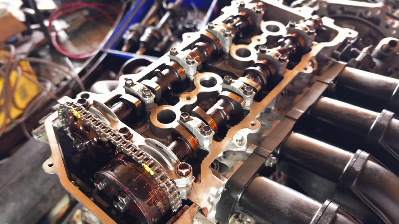 Close-up view of a car engine's cylinder head and timing components during repair or maintenance.