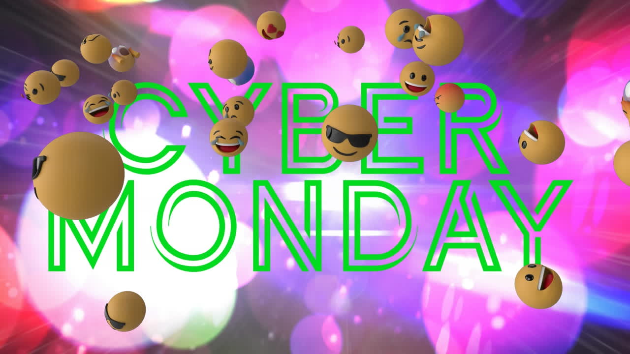 사이버 월요일 텍스트 위에 떠다니는 다수의 얼굴 이모지 bokeh 조명의 다채로운 반점