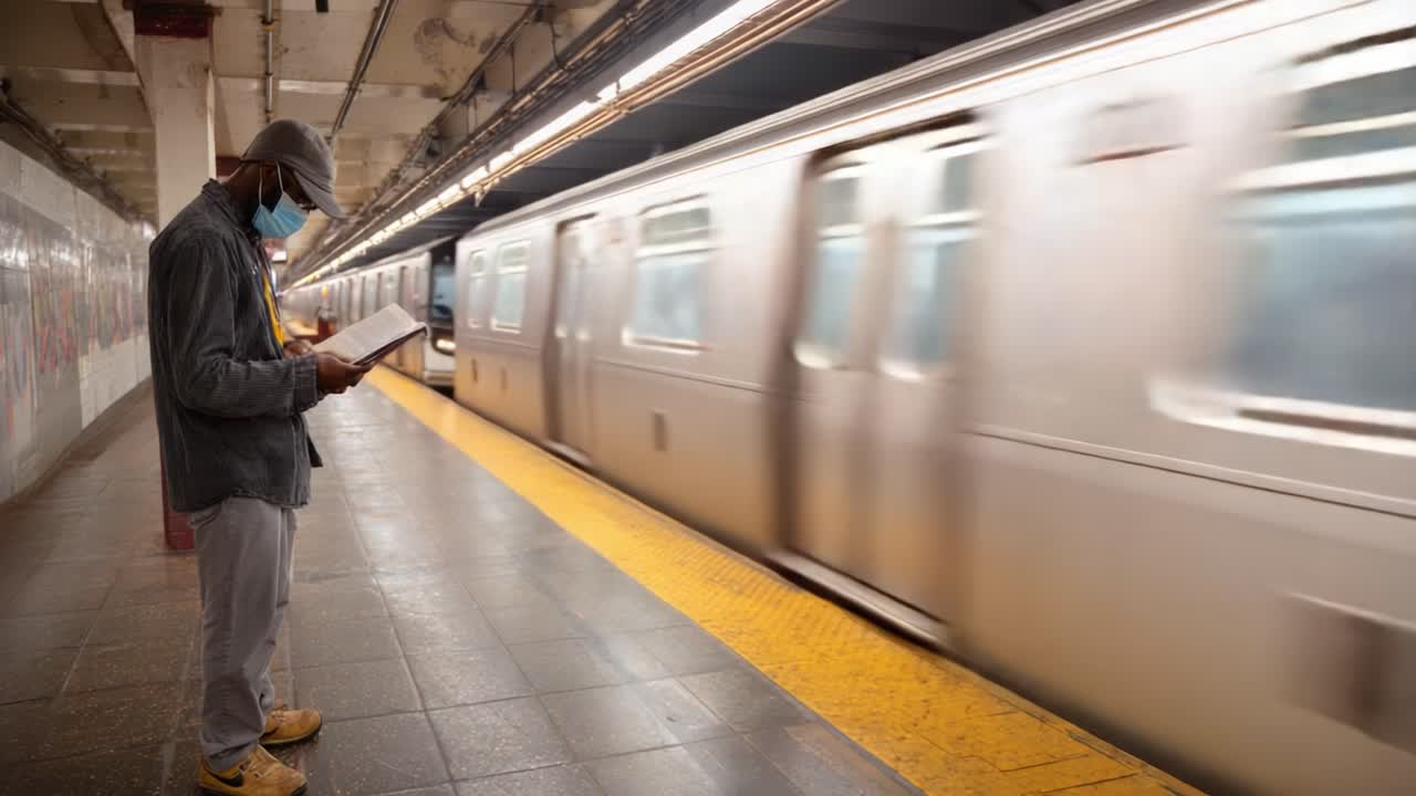 A Quiet Moment at the Subway: A Person Reading While a Train Whizzes By, Capturing the Contrast Between Stillness and Motion in Urban Life