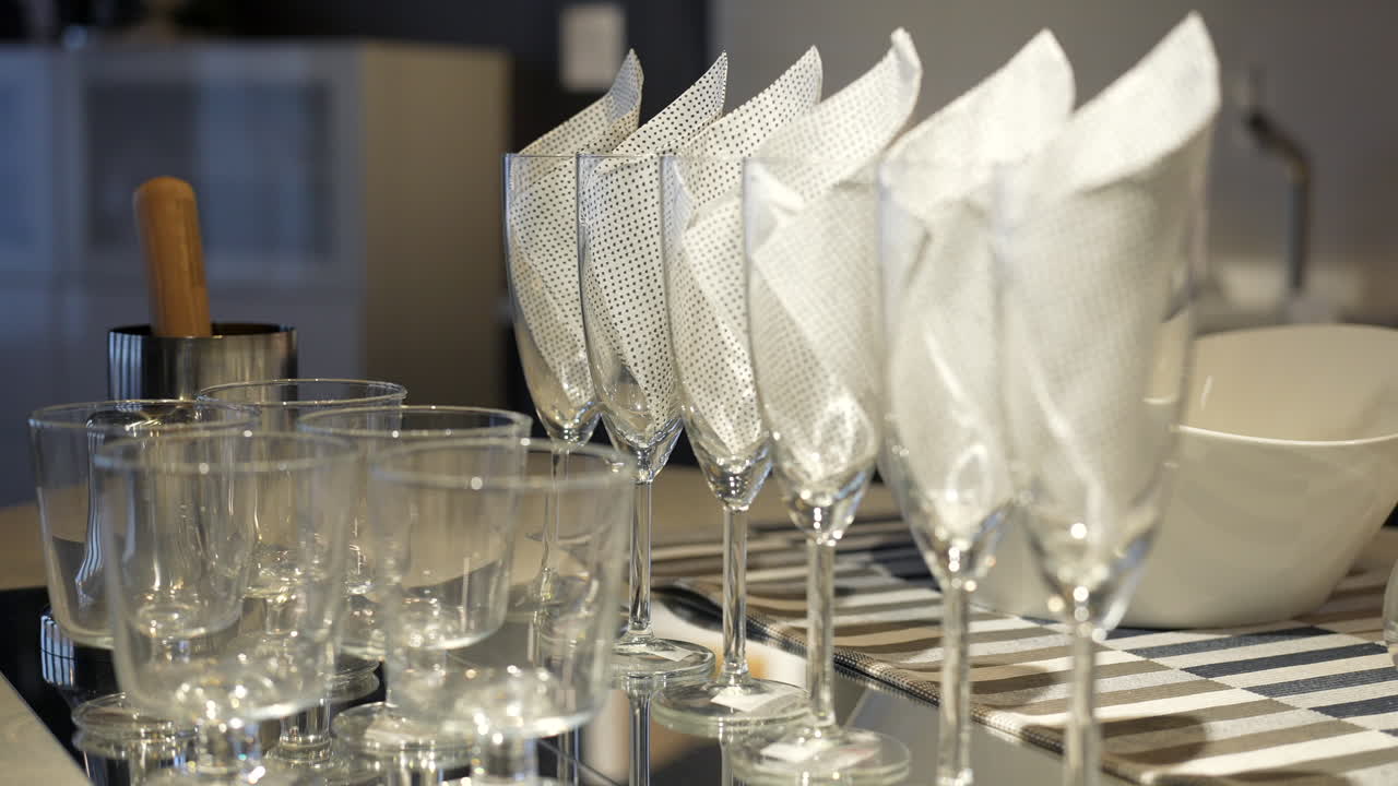 antes de que comience la fiesta, las copas de champán y las copas de vino y cóctel están listas