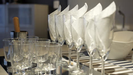 Before the party starts champagne flutes and wine and cocktail glasses are ready