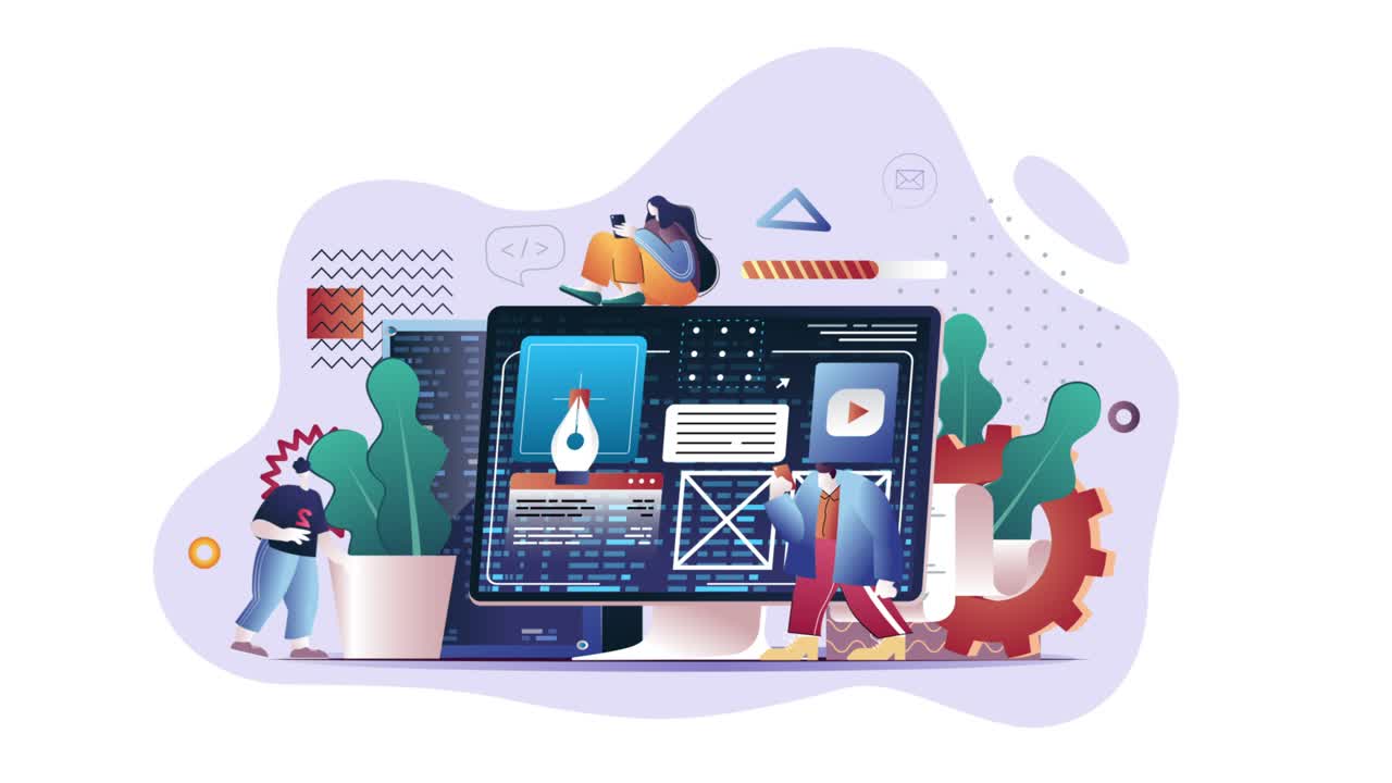 Premium stock video - Big screen web developers 2d flat animation 4k