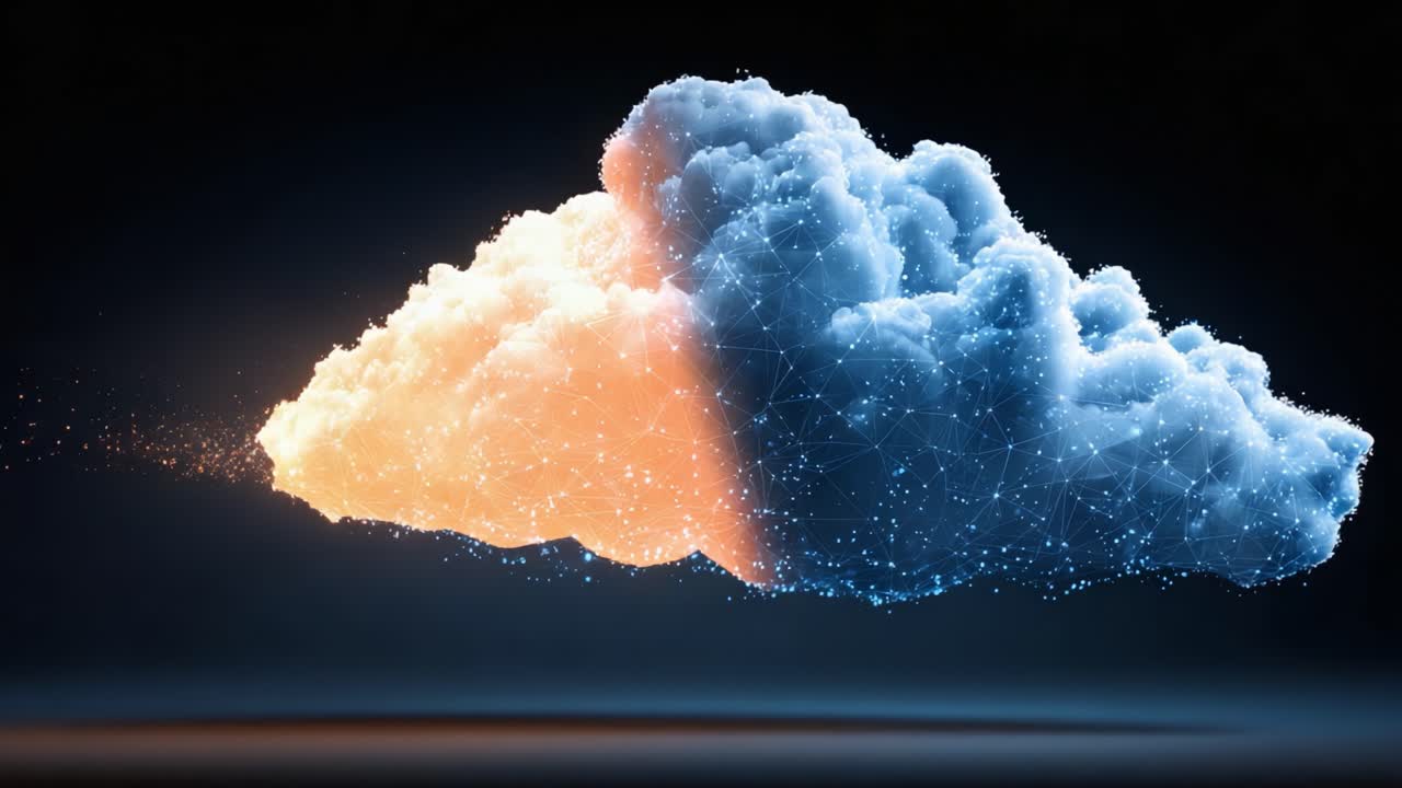 A Stunning Visual Transformation of an Abstract Cloud Representation, Shifting from a Dynamic Glow to a Harmonious Blend of Colors in a Digital Landscape