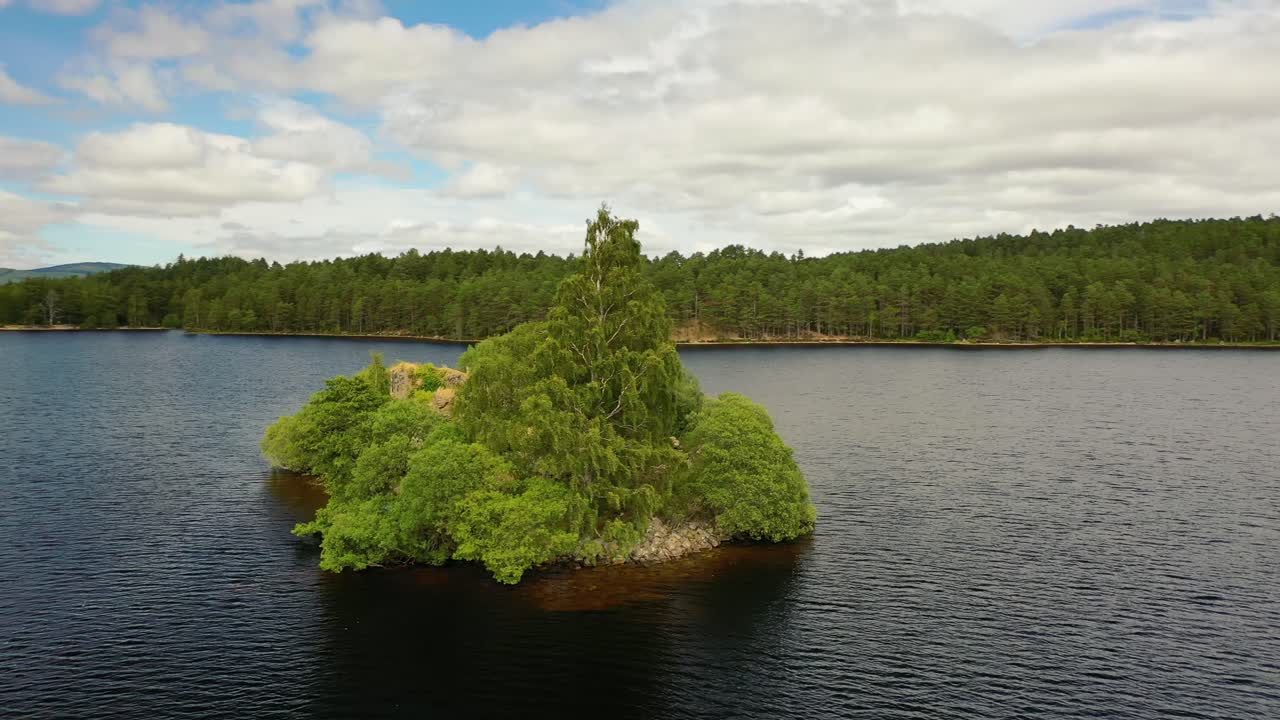 Cairngorms National Treasure: Aerial Sweep of the Historic Loch An Eilein Castle and Scots Pine Forest, Scottish Highlands' Wonder