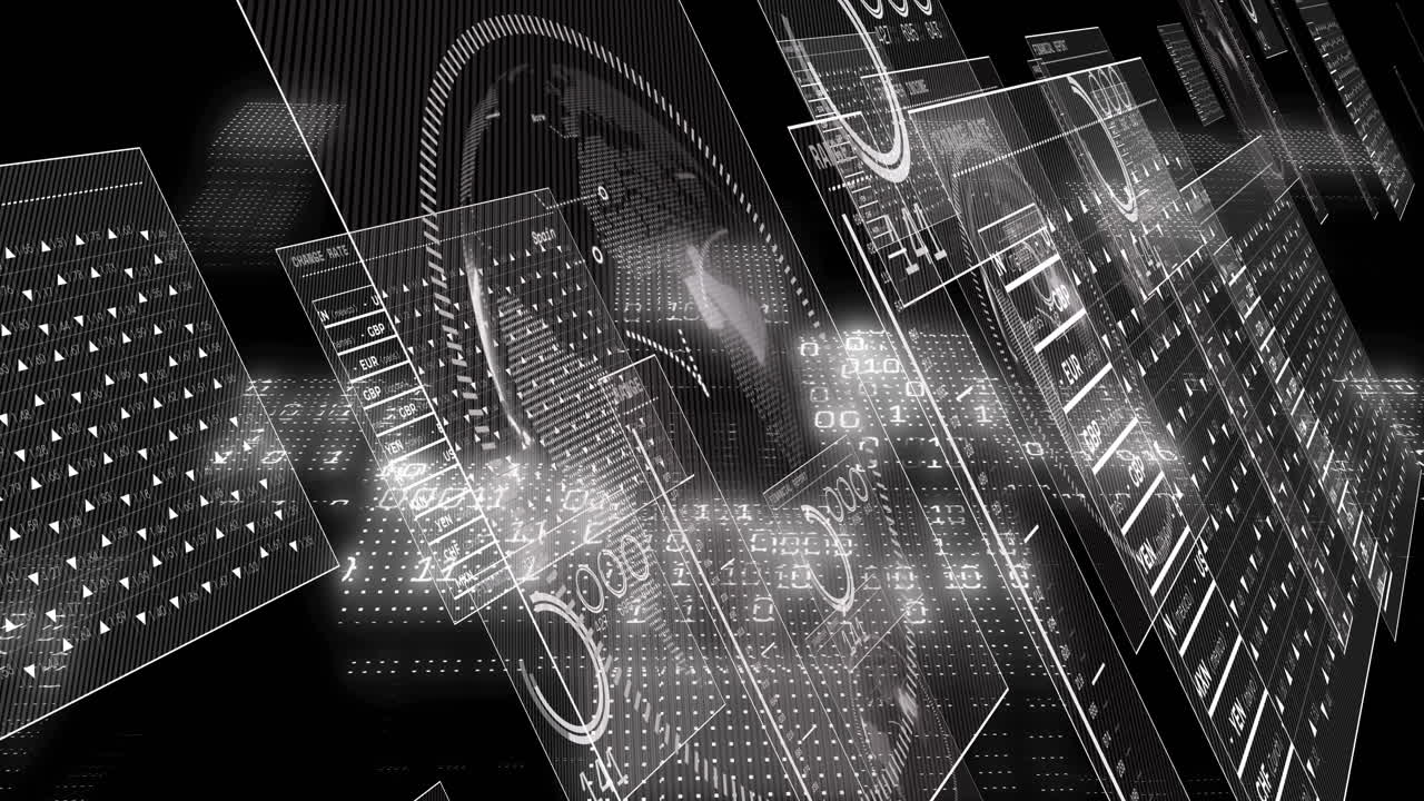 검은 바탕 위의 금융 데이터 처리 및 화면의 애니메이션