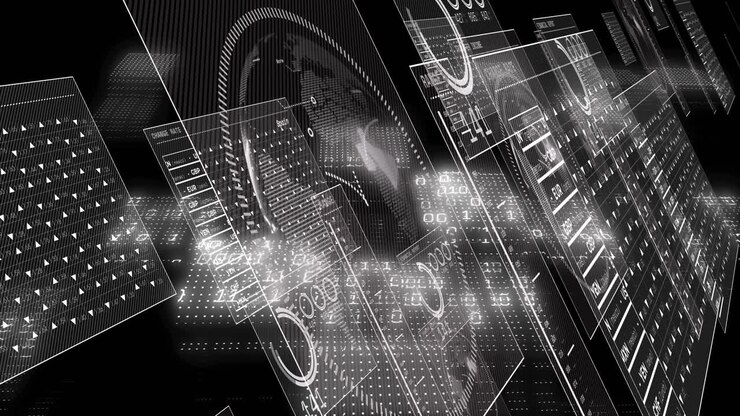 Animation of financial data processing and screens over black background