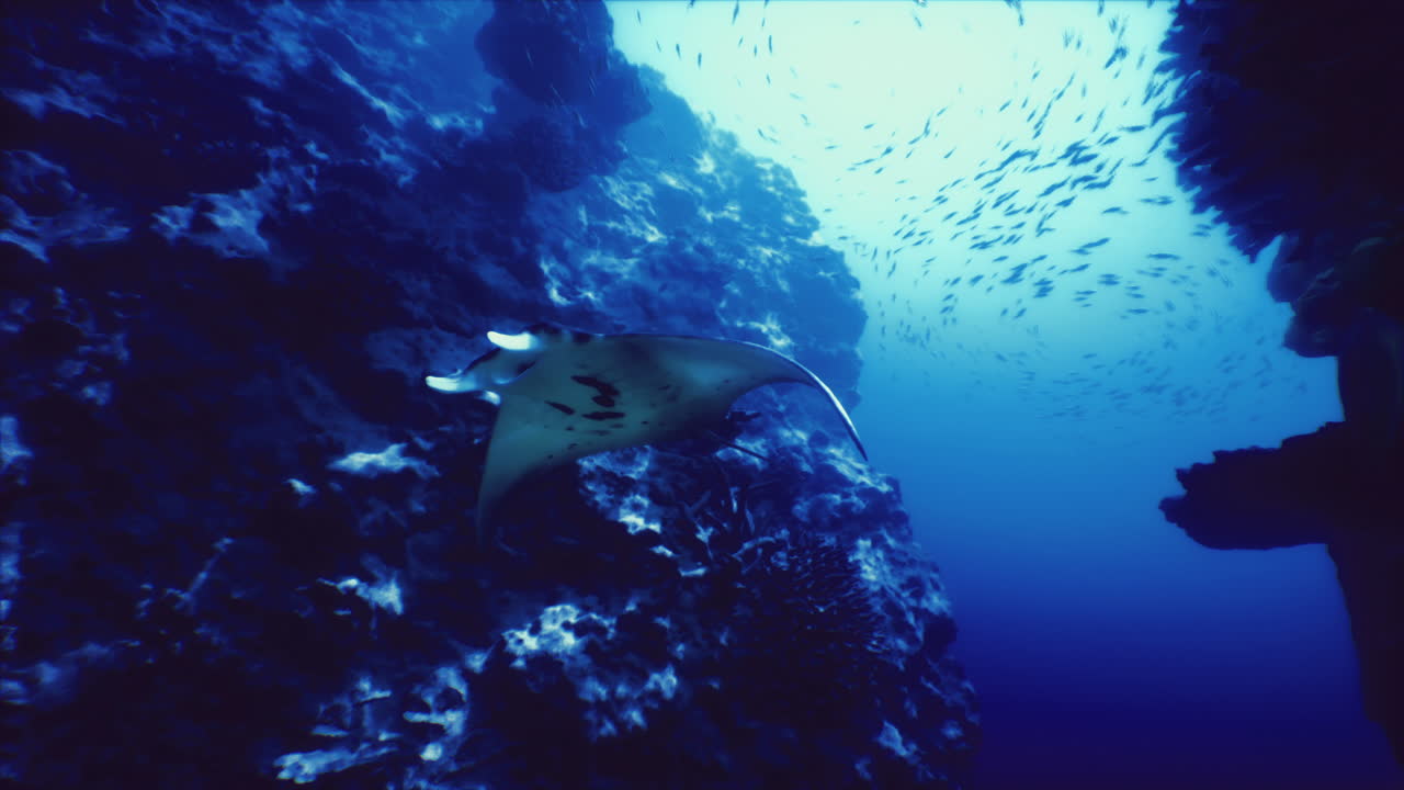 Manta ray gliding through a vibrant coral reef in clear ocean waters