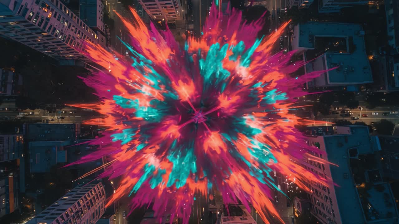 A Vibrant Aerial View of a Colorful Explosion Over an Urban Landscape Showcasing Dynamic Patterns and Luminous Colors at Night