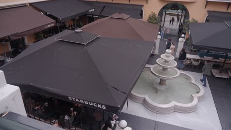 outdoor cafe with fountain in a city square