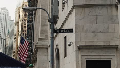 wall street sign and american flags in financial district