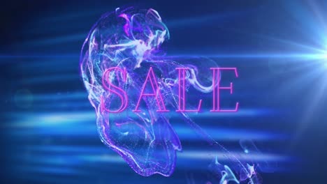 animation of neon pink sale text banner over digital waves and light spot against blue background