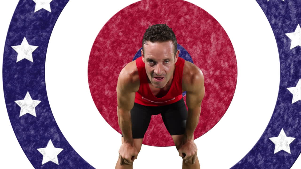 피곤 한 백인 남성 운동 선수 는 회전 하는 원 에서 여러 별 들 을 상대로 달리면서 휴식을 취하고 있다