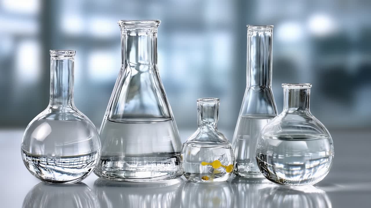 A Close-Up View of Various Laboratory Glassware Containing Clear Liquids, Showcasing Different Shapes and Sizes Useful in Scientific Experiments and Research