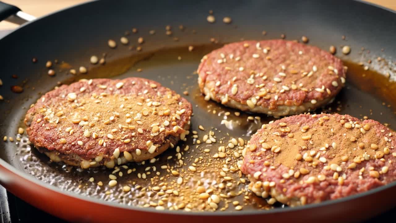 Burger patties cooking in a frying pan