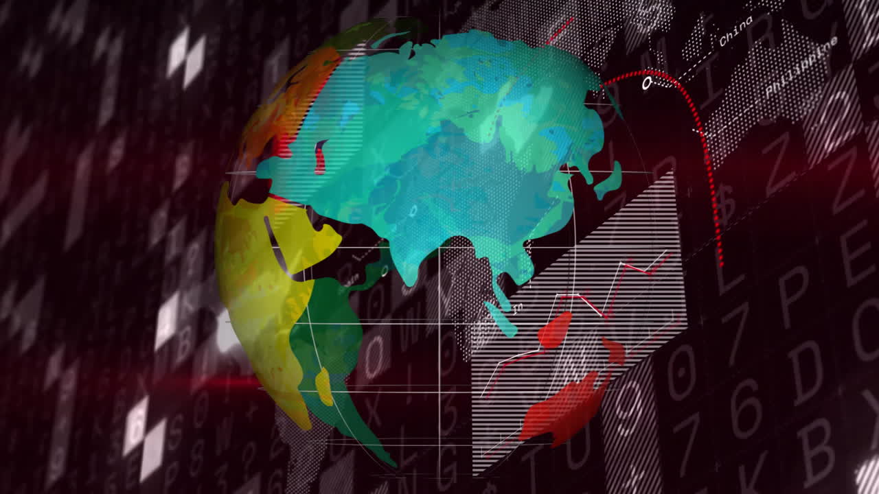 Colorful world map with data charts and binary code overlay animation