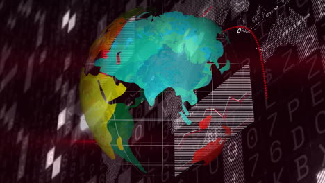 Colorful world map with data charts and binary code overlay animation