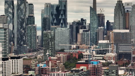 Helicopter-aerial-view-of-Toronto-core-skyline