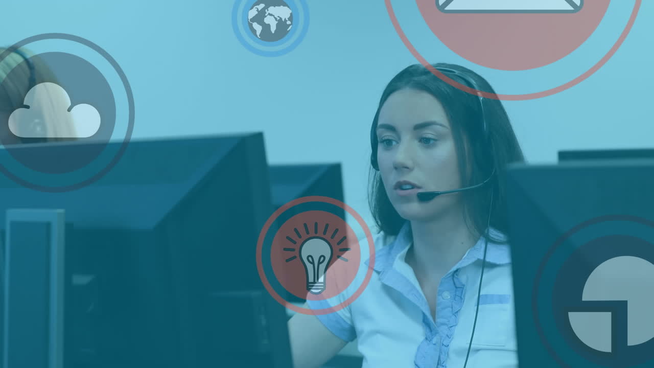 animación de la red de conexiones con iconos sobre personas de negocios que usan auriculares telefónicos